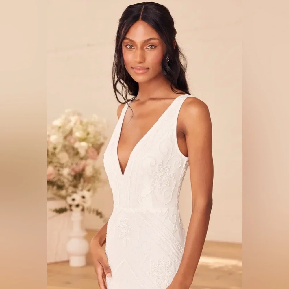 The Sweetest Vows White Beaded Sequin Mermaid Maxi Dress size L - Picture 2 of 5